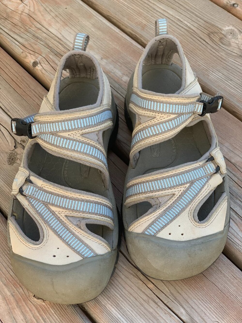 Keen Hiking Sandals 8.5 Beige Leather Blue Closed Toe Water Sport Gorpcore Shoes